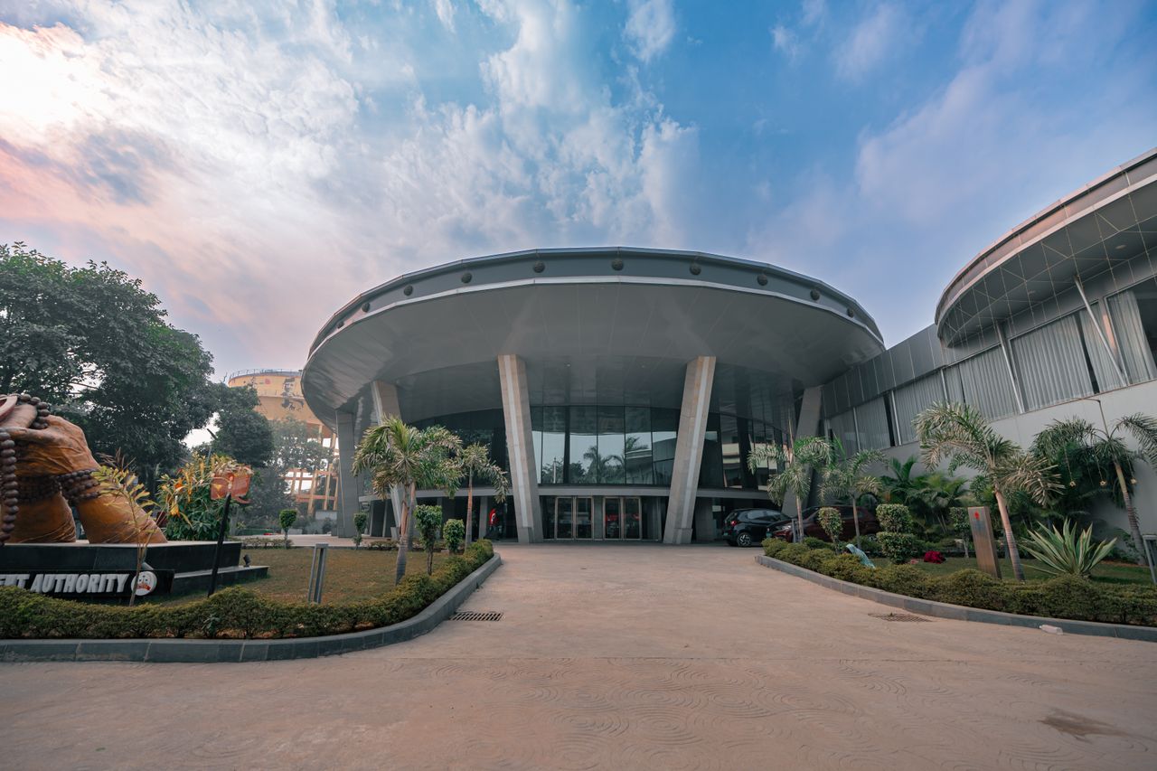 A stunning view of the modern architecture at Varanasi Convention Center, India.